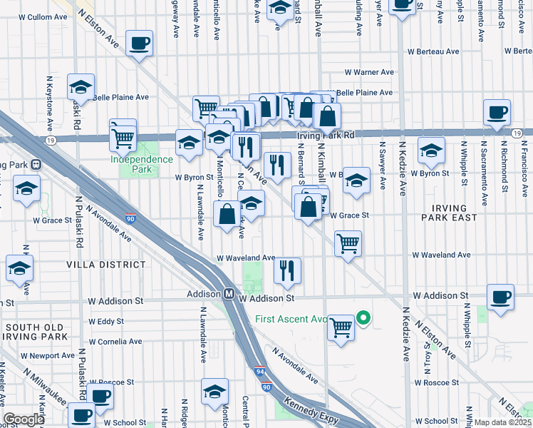 map of restaurants, bars, coffee shops, grocery stores, and more near 3808 North Saint Louis Avenue in Chicago