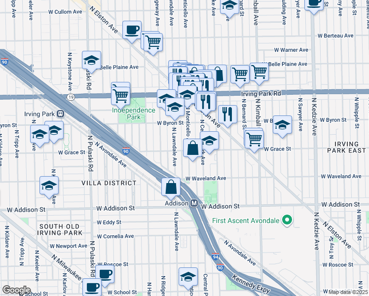 map of restaurants, bars, coffee shops, grocery stores, and more near 3809 North Lawndale Avenue in Chicago