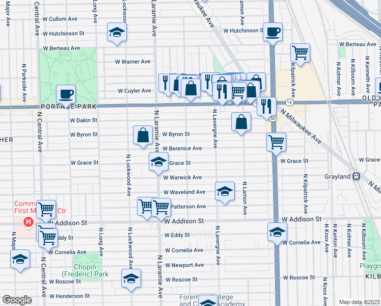 map of restaurants, bars, coffee shops, grocery stores, and more near 5057 West Berenice Avenue in Chicago