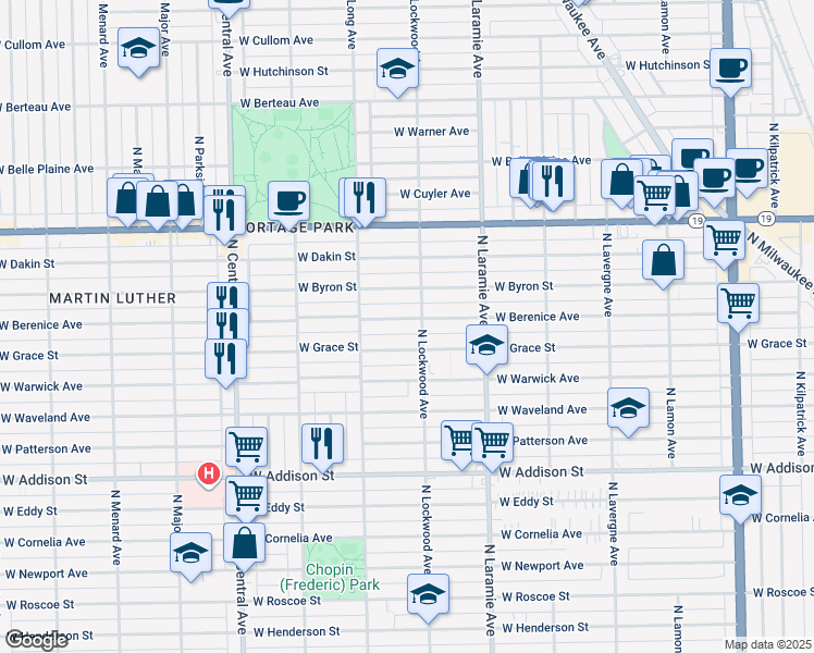 map of restaurants, bars, coffee shops, grocery stores, and more near 5319 West Berenice Avenue in Chicago