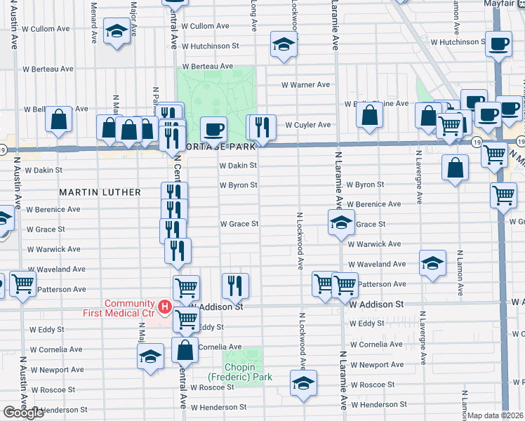 map of restaurants, bars, coffee shops, grocery stores, and more near 3824 North Long Avenue in Chicago