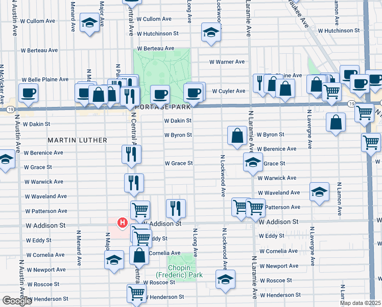 map of restaurants, bars, coffee shops, grocery stores, and more near 3824 North Long Avenue in Chicago