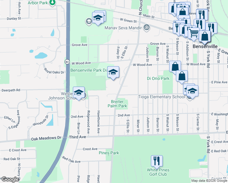 map of restaurants, bars, coffee shops, grocery stores, and more near 901 Breiter Court in Bensenville