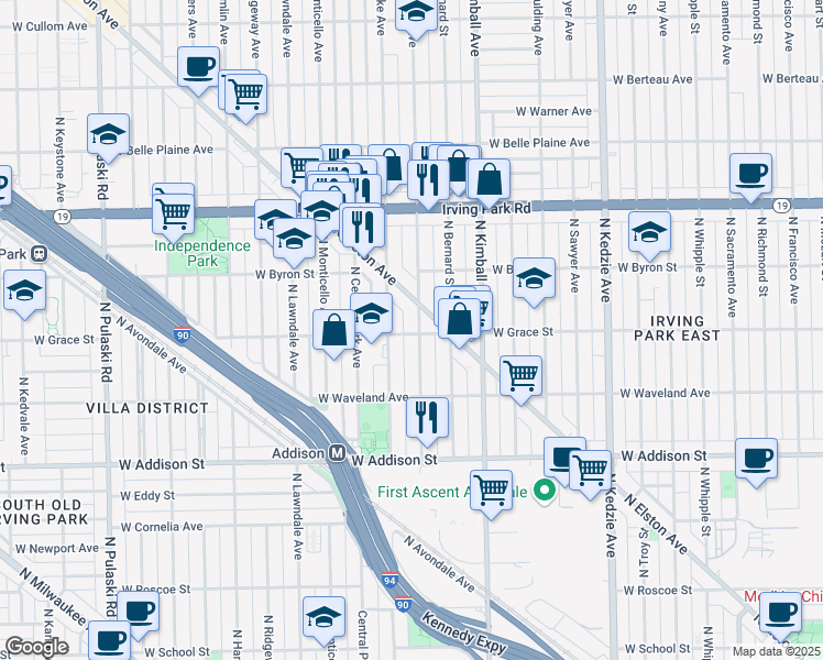 map of restaurants, bars, coffee shops, grocery stores, and more near 3504 West Grace Street in Chicago
