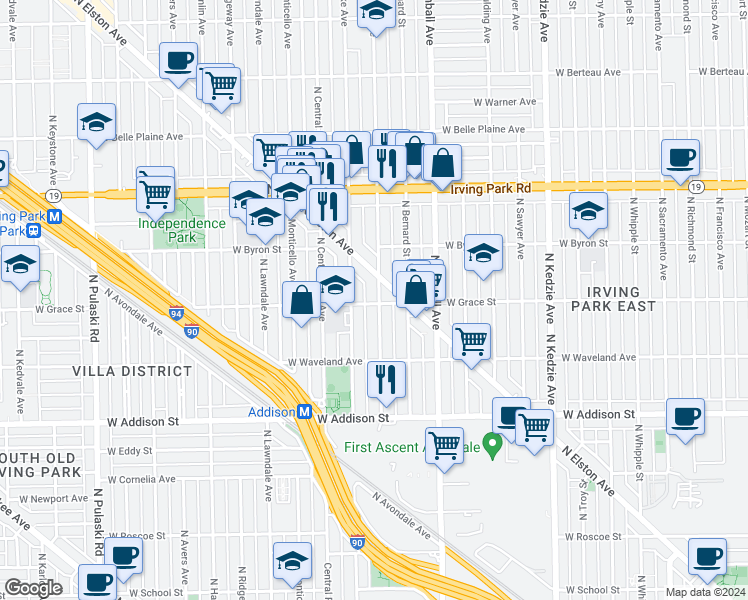 map of restaurants, bars, coffee shops, grocery stores, and more near 3502 West Grace Street in Chicago