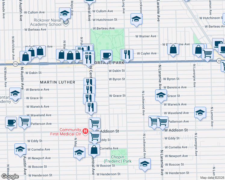 map of restaurants, bars, coffee shops, grocery stores, and more near 5439 West Berenice Avenue in Chicago