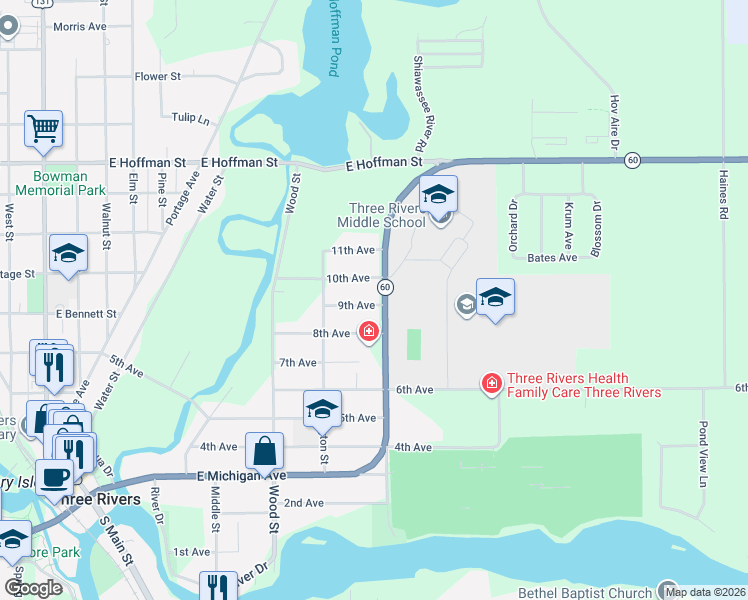 map of restaurants, bars, coffee shops, grocery stores, and more near 904 Jefferson Street in Three Rivers