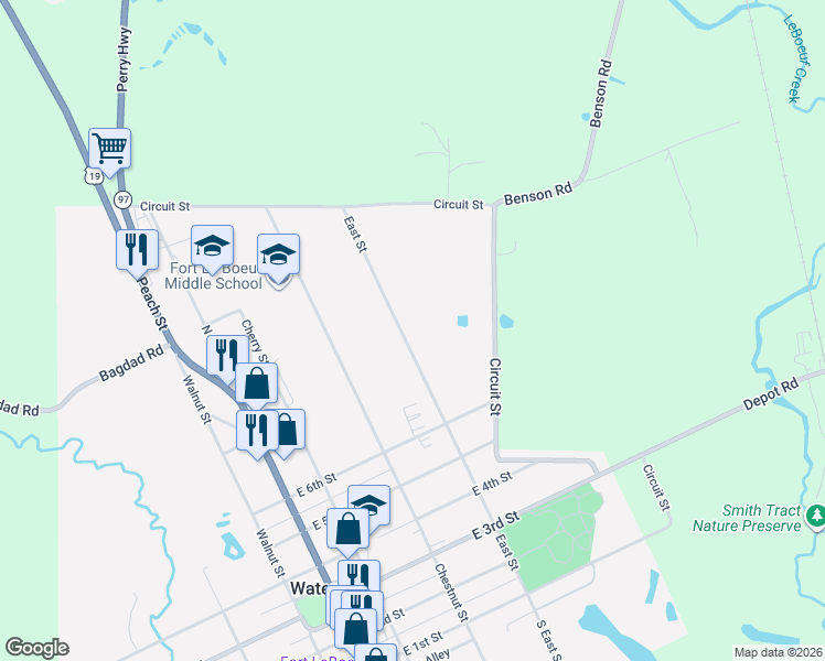 map of restaurants, bars, coffee shops, grocery stores, and more near 731 East St in Waterford