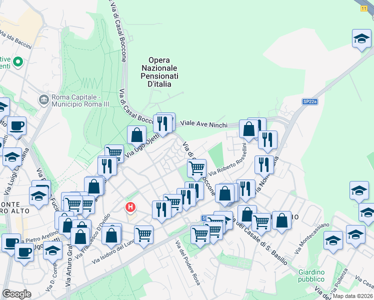 map of restaurants, bars, coffee shops, grocery stores, and more near 81 Via di Casal Boccone in Rome