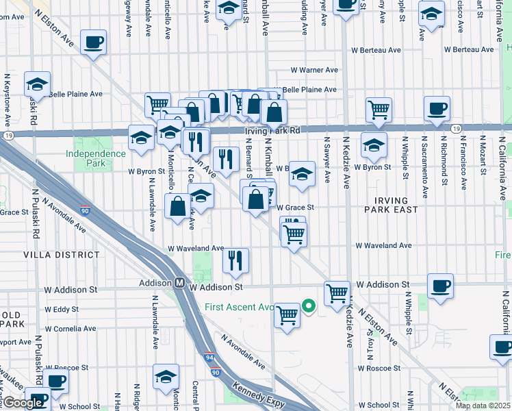 map of restaurants, bars, coffee shops, grocery stores, and more near 3422 West Grace Street in Chicago