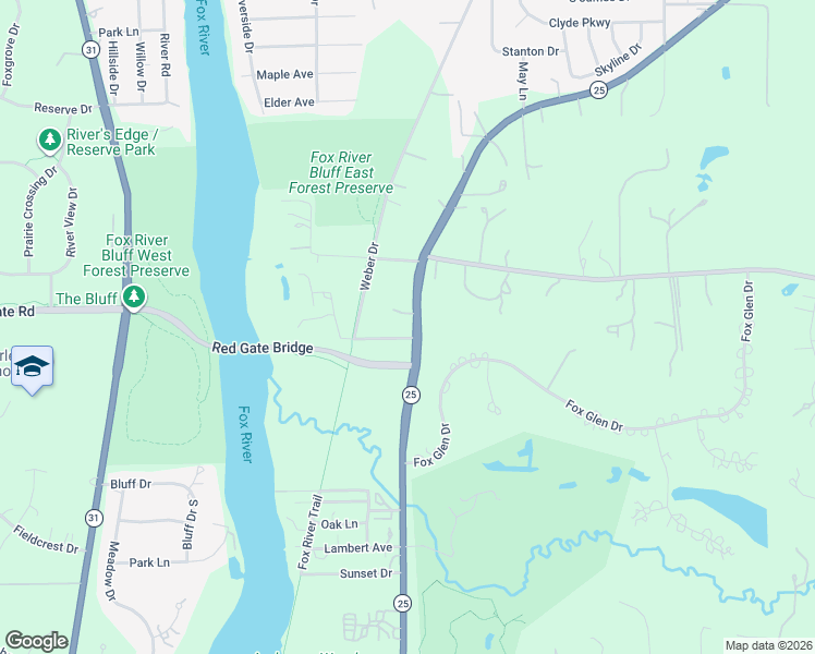 map of restaurants, bars, coffee shops, grocery stores, and more near 5N568 Illinois 25 in St. Charles