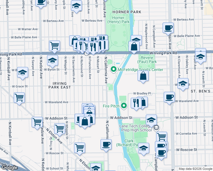 map of restaurants, bars, coffee shops, grocery stores, and more near North California Avenue in Chicago