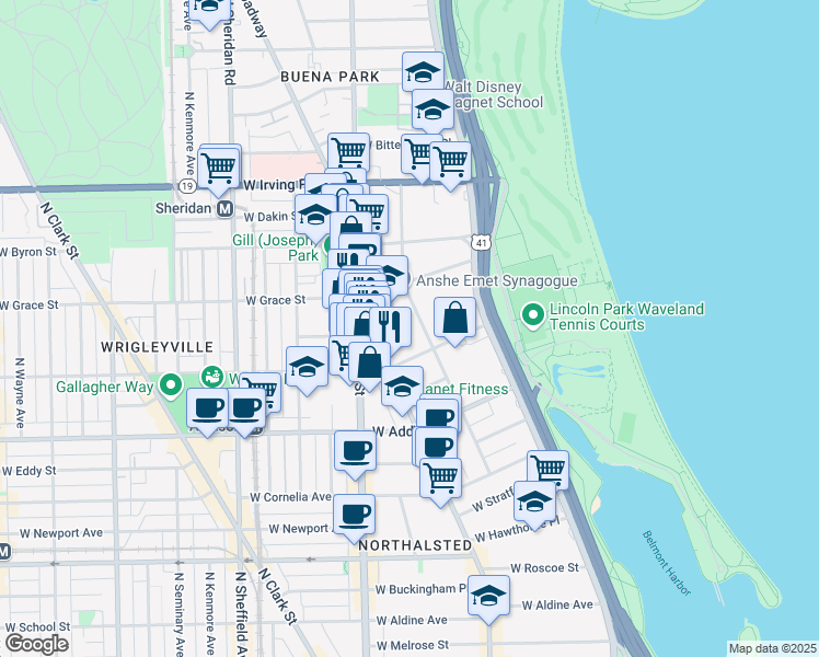 map of restaurants, bars, coffee shops, grocery stores, and more near 3728 North Pine Grove Avenue in Chicago