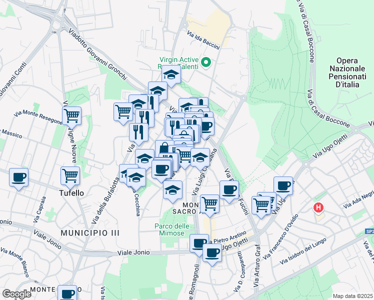 map of restaurants, bars, coffee shops, grocery stores, and more near 14 Via Franco Sacchetti in Rome