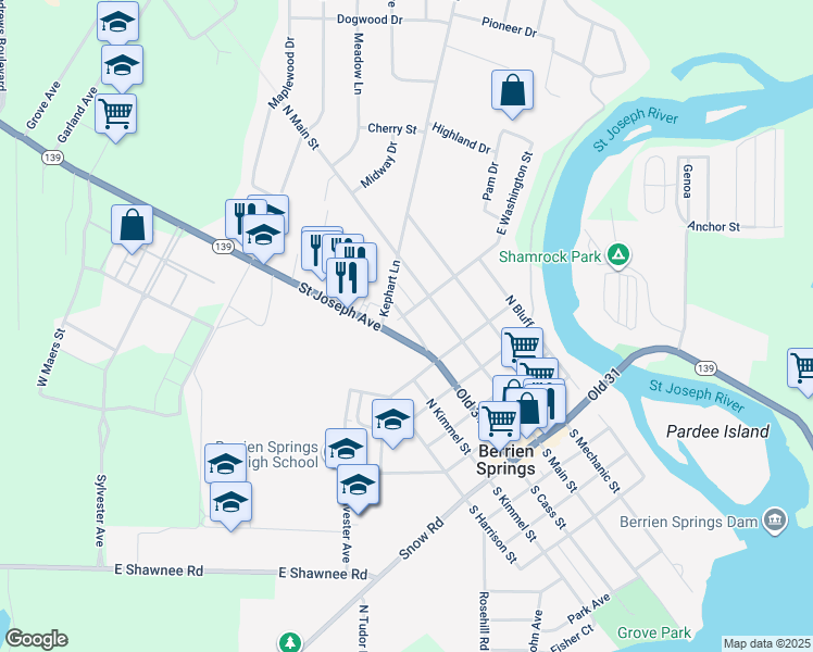 map of restaurants, bars, coffee shops, grocery stores, and more near 114 North Cass Street in Berrien Springs