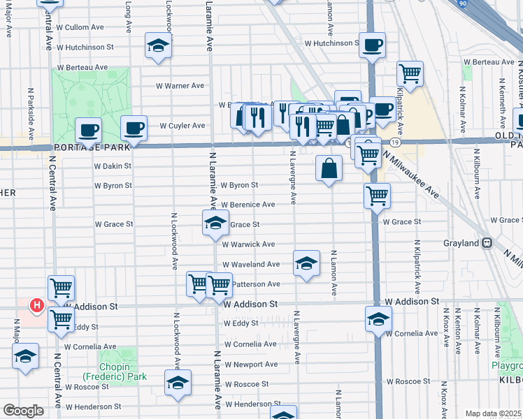 map of restaurants, bars, coffee shops, grocery stores, and more near 5057 West Berenice Avenue in Chicago