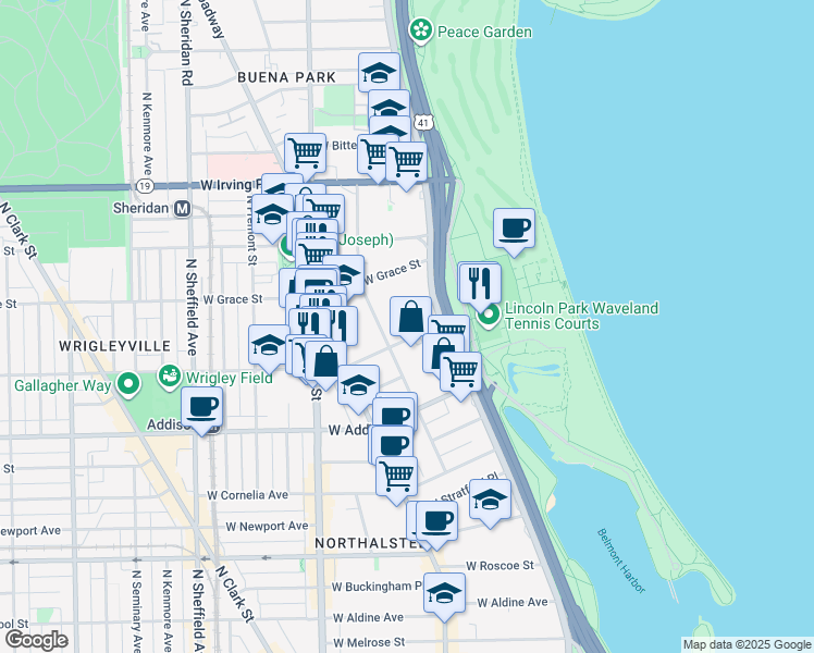 map of restaurants, bars, coffee shops, grocery stores, and more near 630 West Waveland Avenue in Chicago