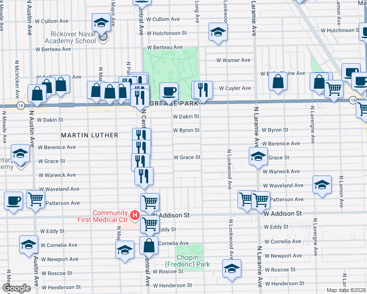 map of restaurants, bars, coffee shops, grocery stores, and more near 5439 West Berenice Avenue in Chicago