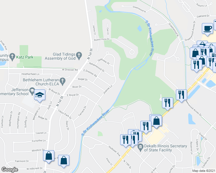 map of restaurants, bars, coffee shops, grocery stores, and more near 428 East Dresser Road in DeKalb