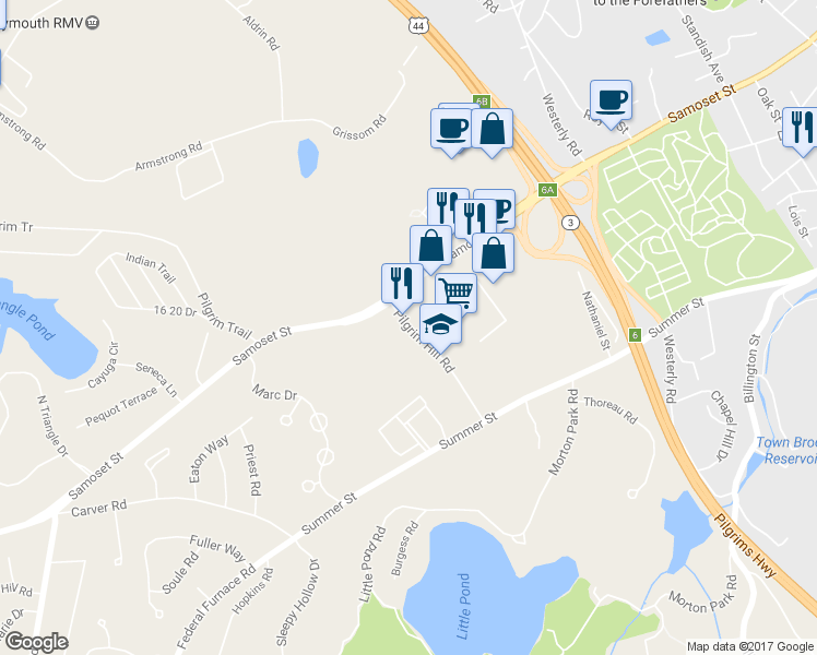 map of restaurants, bars, coffee shops, grocery stores, and more near 24 Pilgrim Hill Rd in Plymouth