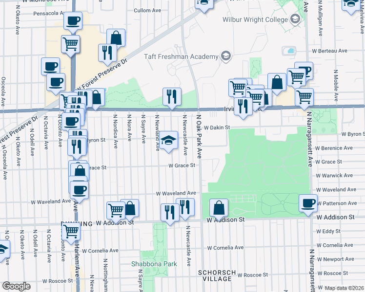 map of restaurants, bars, coffee shops, grocery stores, and more near 3846 North Newcastle Avenue in Chicago