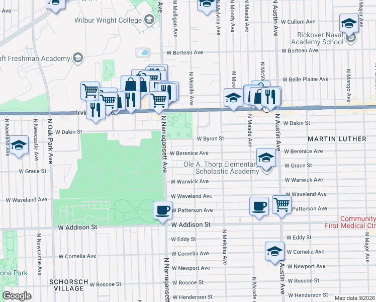 map of restaurants, bars, coffee shops, grocery stores, and more near 6308 West Berenice Avenue in Chicago