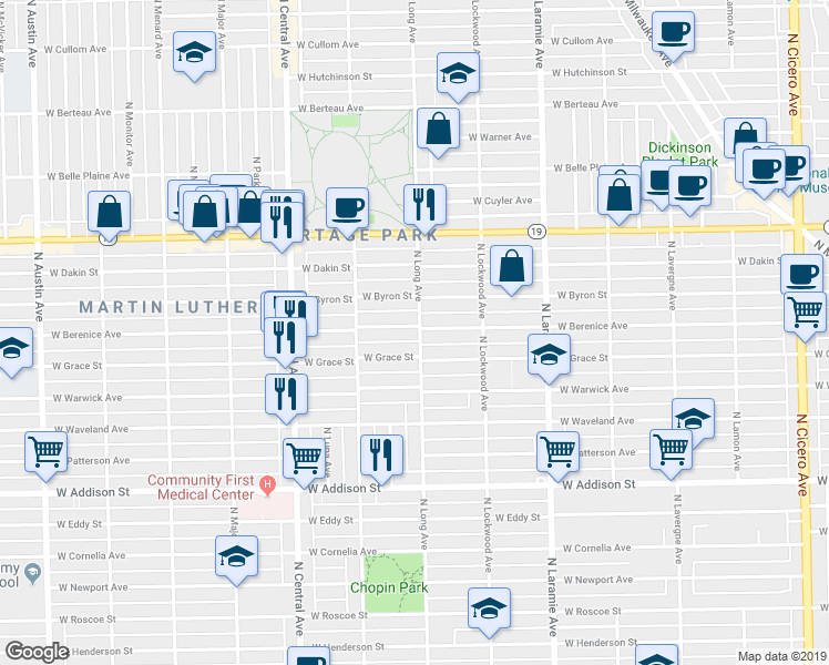 map of restaurants, bars, coffee shops, grocery stores, and more near 3824 North Long Avenue in Chicago