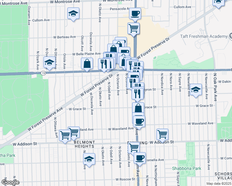 map of restaurants, bars, coffee shops, grocery stores, and more near 3858 North Octavia Avenue in Chicago