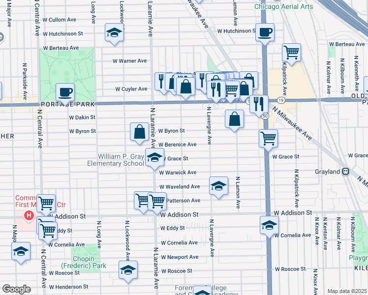 map of restaurants, bars, coffee shops, grocery stores, and more near 5057 West Berenice Avenue in Chicago