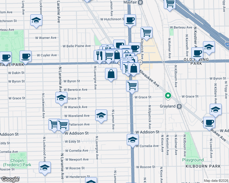 map of restaurants, bars, coffee shops, grocery stores, and more near 4901 West Berenice Avenue in Chicago