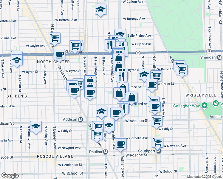map of restaurants, bars, coffee shops, grocery stores, and more near 1635 West Grace Street in Chicago