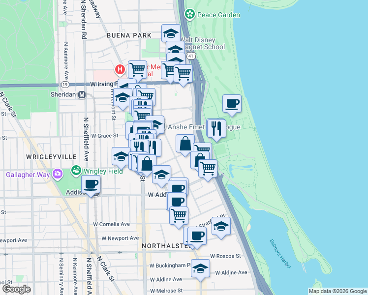 map of restaurants, bars, coffee shops, grocery stores, and more near 3717 North Pine Grove Avenue in Chicago