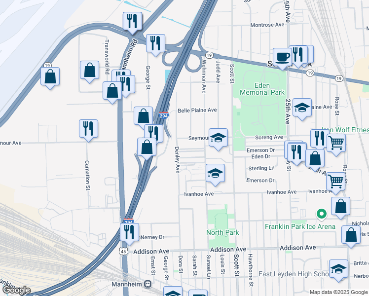 map of restaurants, bars, coffee shops, grocery stores, and more near 3948 Wehrman Avenue in Schiller Park