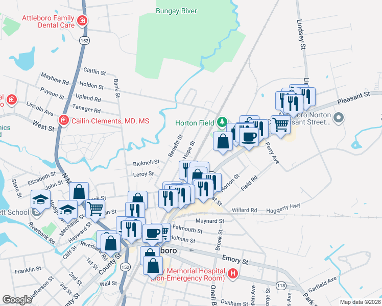 map of restaurants, bars, coffee shops, grocery stores, and more near 23 Oak Street in Attleboro