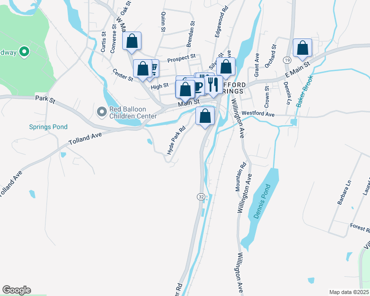 map of restaurants, bars, coffee shops, grocery stores, and more near 53 Highland Terrace in Stafford