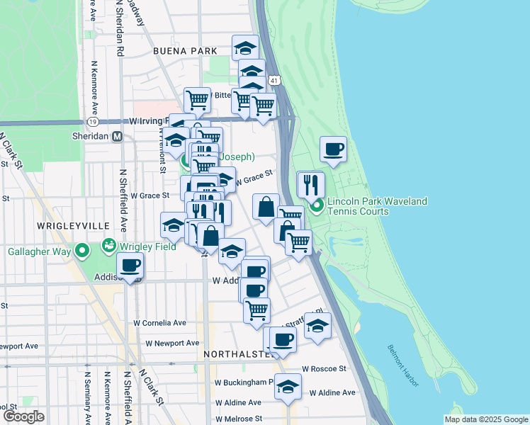 map of restaurants, bars, coffee shops, grocery stores, and more near 3717 North Pine Grove Avenue in Chicago