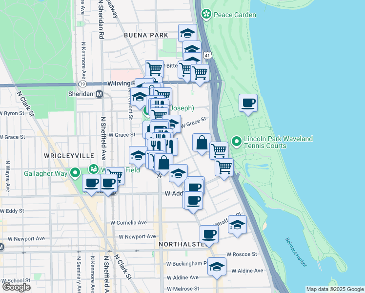 map of restaurants, bars, coffee shops, grocery stores, and more near 3738 North Pine Grove Avenue in Chicago
