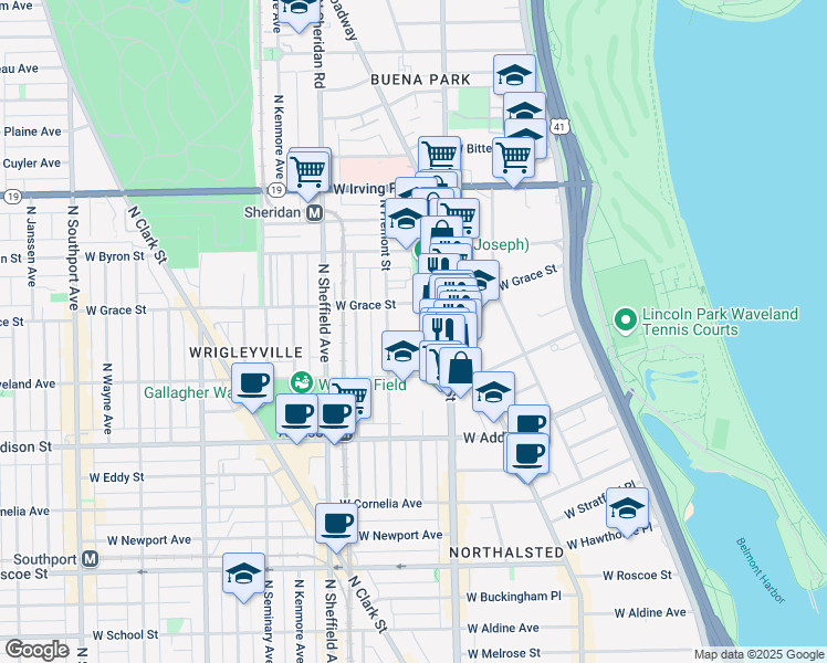 map of restaurants, bars, coffee shops, grocery stores, and more near 830 West Bradley Place in Chicago