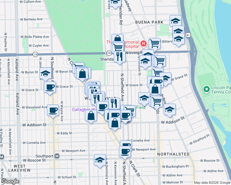 map of restaurants, bars, coffee shops, grocery stores, and more near 3753 North Kenmore Avenue in Chicago