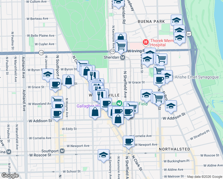 map of restaurants, bars, coffee shops, grocery stores, and more near 3745 North Seminary Avenue in Chicago