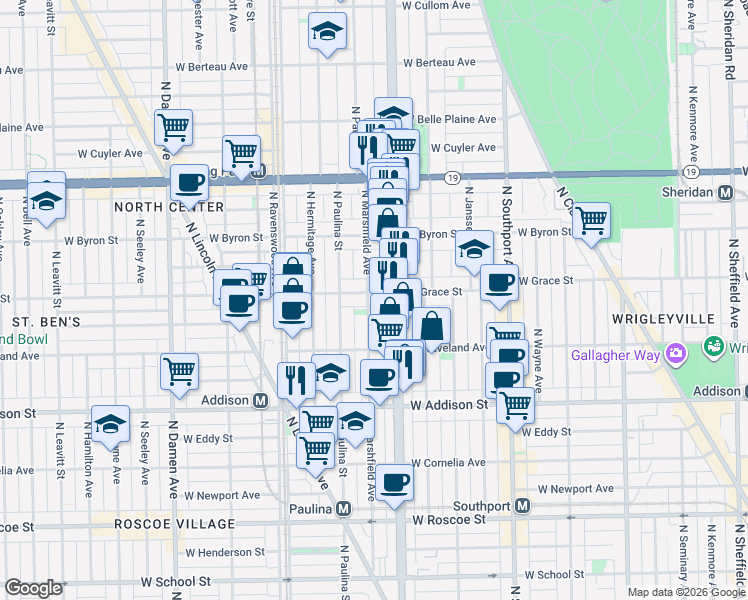 map of restaurants, bars, coffee shops, grocery stores, and more near 1639 West Grace Street in Chicago