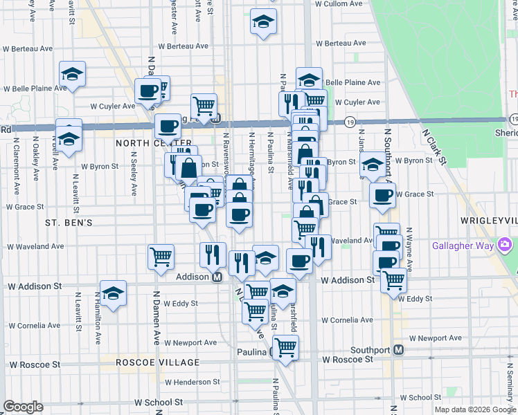 map of restaurants, bars, coffee shops, grocery stores, and more near 3759 North Hermitage Avenue in Chicago