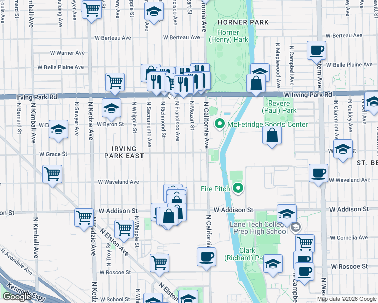 map of restaurants, bars, coffee shops, grocery stores, and more near 3755 North Mozart Street in Chicago
