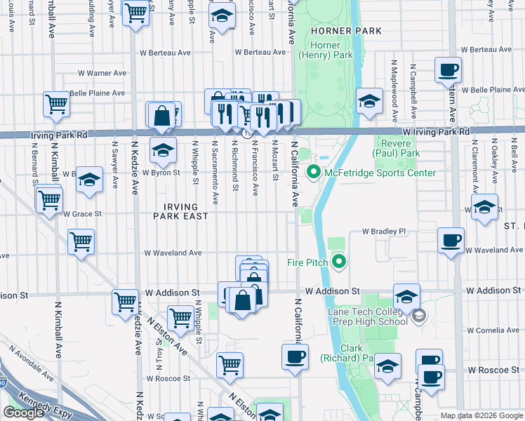 map of restaurants, bars, coffee shops, grocery stores, and more near 3803 North Francisco Avenue in Chicago