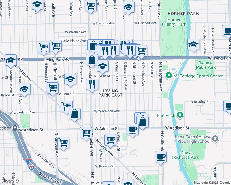 map of restaurants, bars, coffee shops, grocery stores, and more near 3046 West Grace Street in Chicago