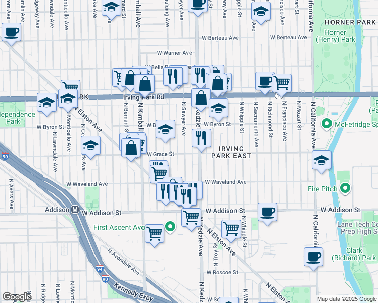 map of restaurants, bars, coffee shops, grocery stores, and more near 3804 North Sawyer Avenue in Chicago