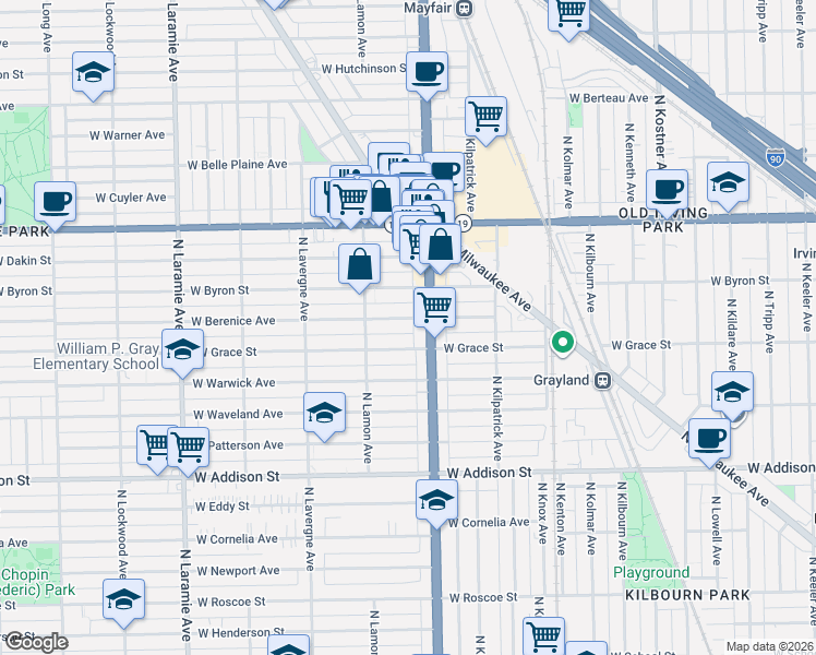 map of restaurants, bars, coffee shops, grocery stores, and more near 4831 West Berenice Avenue in Chicago