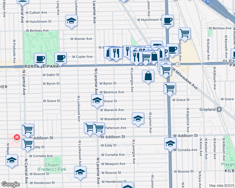 map of restaurants, bars, coffee shops, grocery stores, and more near 5057 West Berenice Avenue in Chicago