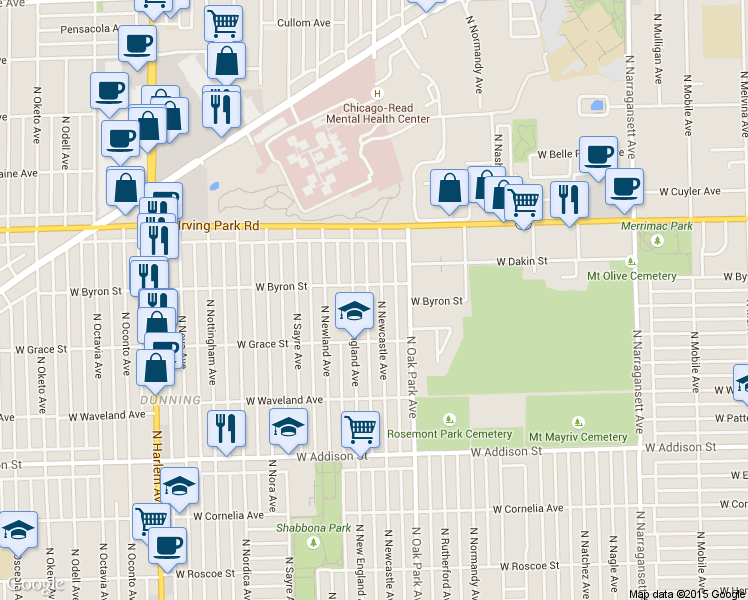 map of restaurants, bars, coffee shops, grocery stores, and more near 3846 North Newcastle Avenue in Chicago