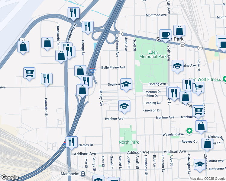 map of restaurants, bars, coffee shops, grocery stores, and more near 3948 Wehrman Avenue in Schiller Park